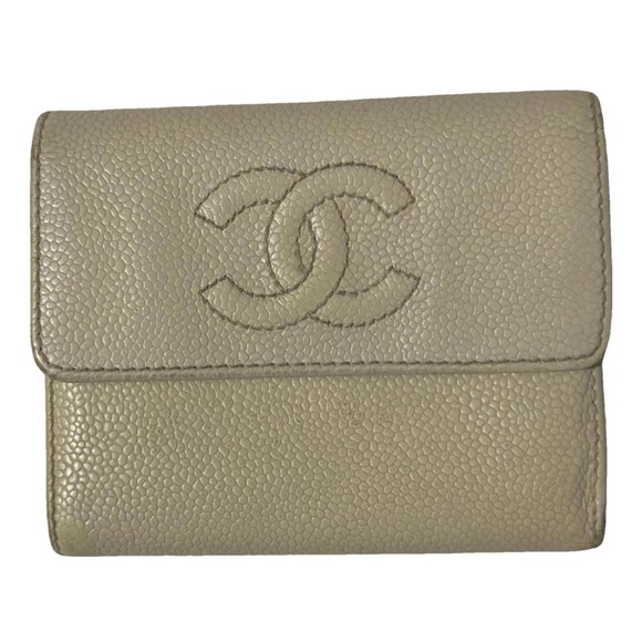 AUTHENTIC CHANEL Neutral Caviar Leather Interlocking C CC Vintage Logo Wallet - Picture 1 of 16